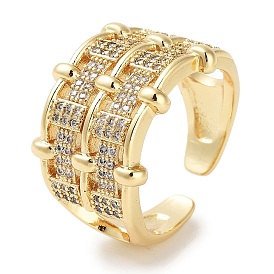 Rack Plating Brass Pave Clear Cubic Zirconia Open Cuff Rings, Cadmium Free & Lead Free, Long-Lasting Plated, Rectangle