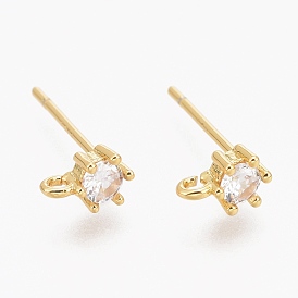 Brass Micro Pave Clear Cubic Zirconia Stud Earring Findings, with Silicone Ear Nuts, with Loop, Long-Lasting Plated, Flat Round