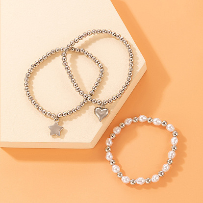 Multi-layer Alloy Beaded Bracelet Set with Star, Heart and Pearl Design