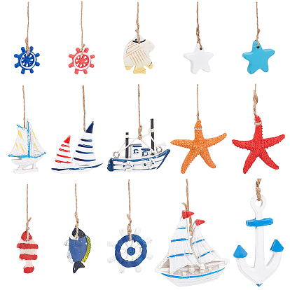 15 шт 15 стиль океан тематика смоляные подвесные украшения, с пеньковой веревки, рыба, якорь, руль, лодка, морская звезда