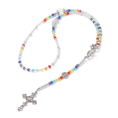 Glass Beaded Rosary Bead Necklaces, Alloy Saint Benedict & Cross Religion Necklace