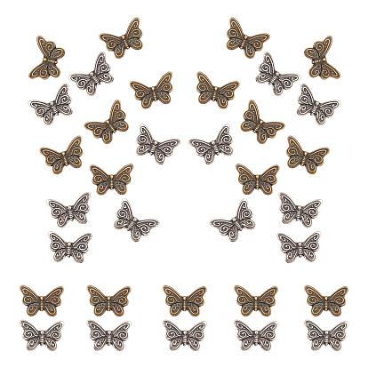 40Pcs 2 Colors Tibetan Style Alloy Beads, Butterfly, Nickel Free