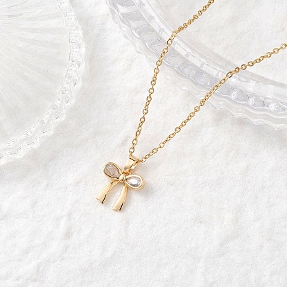 Латунный кулон-бантик с прозрачным кубическим цирконием 304 ожерелья из нержавеющей стали с цепочкой для женщин