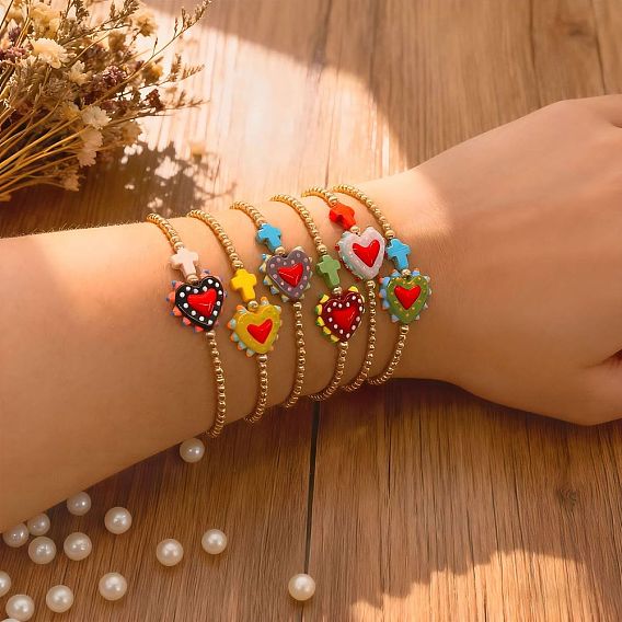 Браслеты из плетеных бусин в стиле Синко де Майо из стекла и латуни, синтетическая бирюза украшения для женщин, сердце и крест, с эмалью