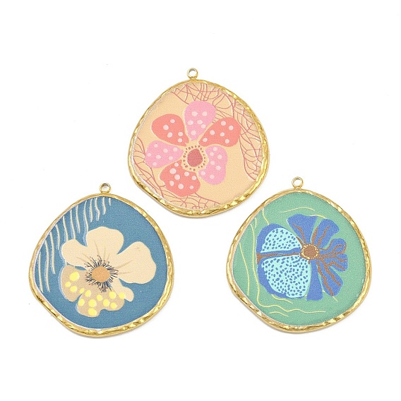 Печатные 304 подвески из нержавеющей стали, плоские круглые с цветочным узором, вакуумное покрытие pvd, реальный 18 k позолоченный