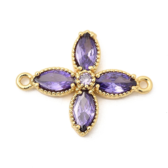 Brass Pave Cubic Zirconia 4-Petal Flower Connector Charms, Long-Lasting Plated, Cadmium Free & Lead Free, Rack Plating, Real 18K Gold Plated