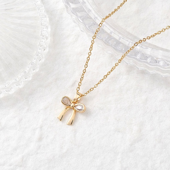 Латунный кулон-бантик с прозрачным кубическим цирконием 304 ожерелья из нержавеющей стали с цепочкой для женщин