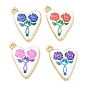 Printed Brass Pendants, Heart & Rose Pattern Charms, Rack Plating, Long-Lasting Plated, Lead Free & Cadmium Free, Real 18K Gold Plated