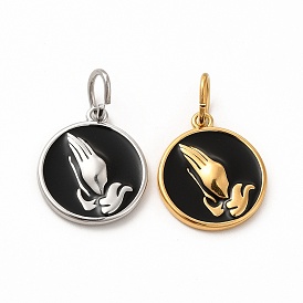 Ion Plating(IP) 304 Stainless Steel Pendants, with Enamel and Jump Rings, Flat Round with Praying Hands
