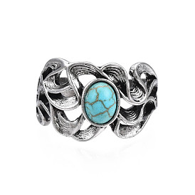Gothic Punk Skull Alloy Open Cuff Ring with Oval Synthetic Turquoise for Men Women, Cadmium Free & Lead Free, Antique Silver