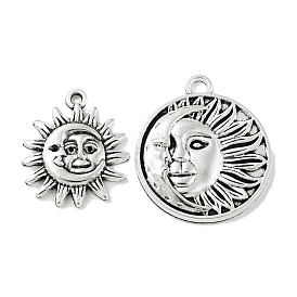 Tibetan Style Alloy Pendants, Flat Round with Moon and Sun, Nickel