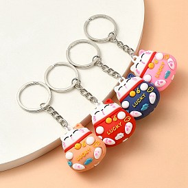 4Pcs PVC Cartoon Lucky Cat Doll Pendant Keychain, with Iron Open Jump Rings and Iron Keychain Ring
