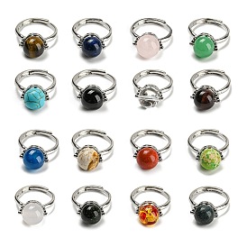 Natural & Synthetic Mixed Gemstone Round Adjustable Rings, Platinum Brass Ring