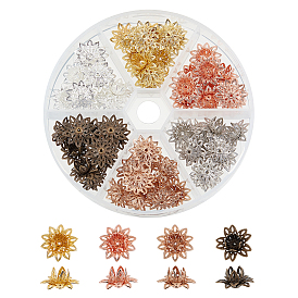Superfindings 60 pcs 6 couleurs bouchons de perles en laiton, multi-pétale, fleur