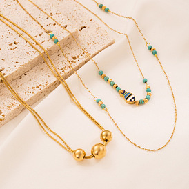 Élégant collier turquoise double couche pour femme - acier inoxydable avec perles en titane