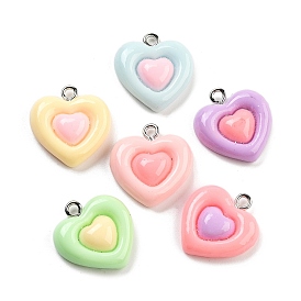 Opaque Resin Pendants, Heart  Charms with Platinum Tone Iron Loops
