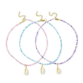 3 pcs 3 colliers avec pendentif en coquillage de cauris naturel de couleur sertis de chaînes de perles de graines de verre