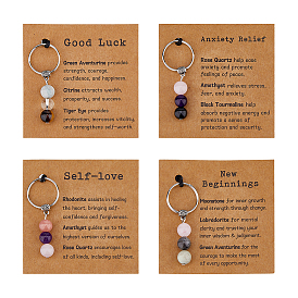 4 шт. 4 стили брелоки из натуральных драгоценных камней, с цинковым сплавом и бумажной карточкой