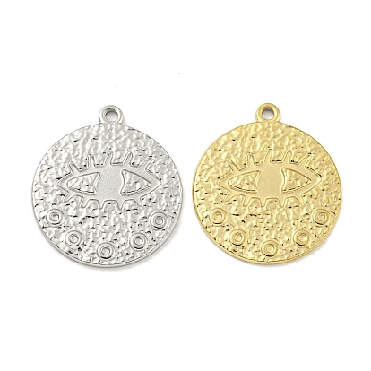 304 Stainless Steel Pendants, High Polished Textured, Flat Round with Eye Charm
