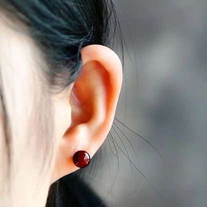 Natural Amber Round Ball Stud Earrings with Sterling Silver Pins for Women