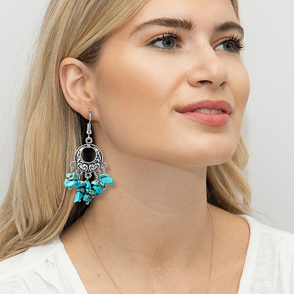 Bohemian Vintage Geometric Turquoise Tassel Earrings with Middle Eastern Hollow Ethnic Style