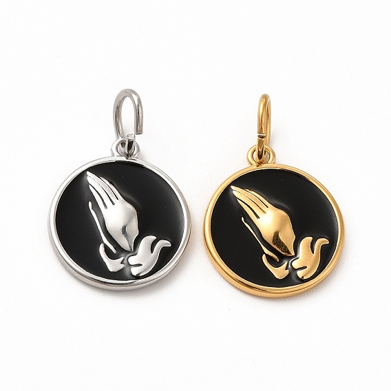 Ионное покрытие (ip) 304 подвески из нержавеющей стали, с эмалью и кольцами для прыжков, плоский круг с молящимися руками