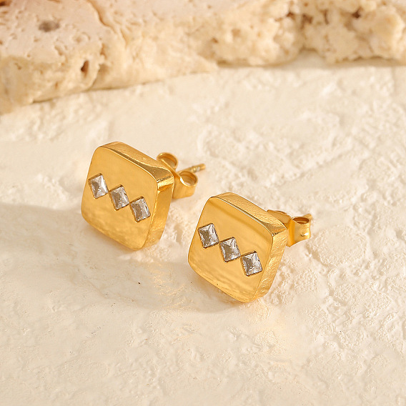 304 Stainless Steel & Clear Cubic Zirconia Stud Earrings, Square, Golden