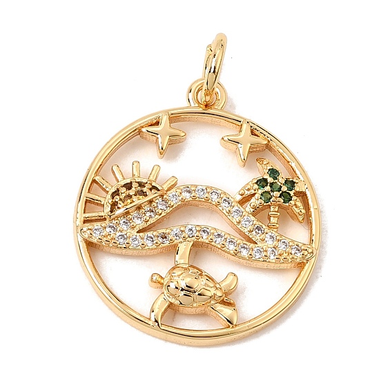 Pendentifs en laiton zircon cubique micro pavé vert, rond avec des breloques tortue, cocotier et soleil, sans cadmium et sans plomb et sans nickel
