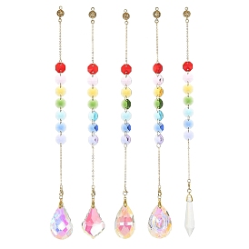 Glass Teardrop/Cone Pendant Decorations, Hanging Suncatchers, with Brass Findings and Glass Octagon Link