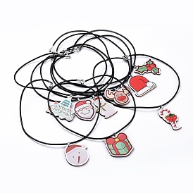Colliers imprimés en tilleul, avec vachette cordon en cuir et 304 en acier inoxydable fermoirs pince de homard, pour noël, formes mixtes