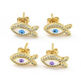 Fish with Evil Eye Real 18K Gold Plated Brass Stud Earrings, with Enamel and Clear Cubic Zirconia