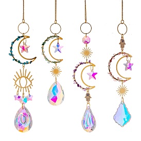 Glass & Brass Moon Star Pendant Decorations, Hanging Suncatchers, with Chips Artificial Agate, for Home Decoration
