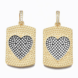 Brass Micro Pave Clear Cubic Zirconia Pendants, Nickel free, Rectangle with Heart