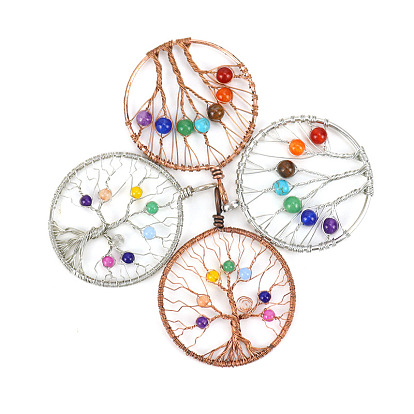 Natural & Synthetic Mixed Gemstone Tree of Life Pendant Necklace, Brass Wire Wrap Necklace with Alloy Chains