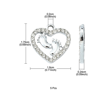 Alloy Rhinestone Pendants, Platinum Tone Hollow Out Heart with Footprint Charms