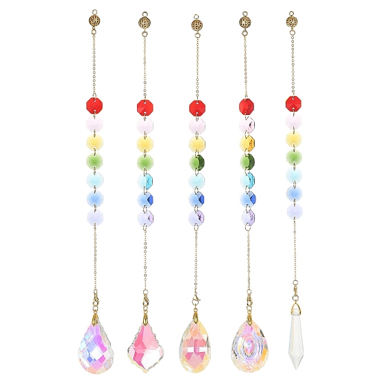 Décorations pendantes en forme de larme/cône en verre, attrape-soleil suspendus, avec apprêts en laiton et lien octogonal en verre