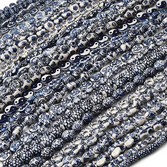 Нитка фарфоровых бусин ручной работы, разнообразные, белый и голубой фарфор