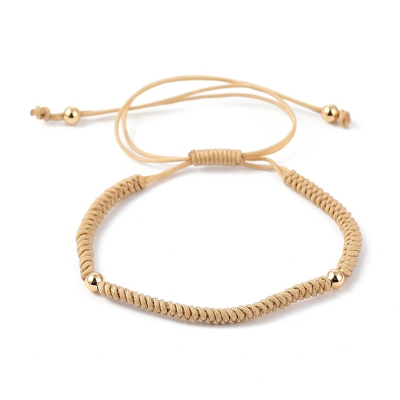 Adjustable Nylon Cord Braided Beaded Bracelets, with Round Brass Beads, Golden