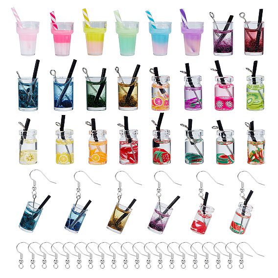 DIY Drinks Themed Earring Making Kits,Including  Imitation Bubble Tea & Juice Resin Bottle Pendants, Brass Earring Hooks