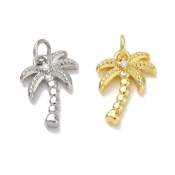 Brass Micro Pave Clear Cubic Zirconia Pendants, Coconut Tree Charms, Rack Plating, Long-Lasting Plated, Cadmium Free & Lead Free