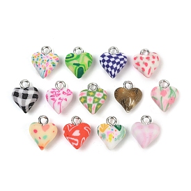 Подвески из полимерной глины ручной работы, сердце, с платиновыми тоновыми железными петлями