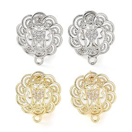 Hollow Butterfly Brass Micro Pave Cubic Zirconia Stud Earrings Finding, with Horizontal Loops, Cadmium Free & Lead Free