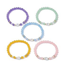 Round Natural Dyed Malaysia Jade Beaded Stretch Bracelets, Glass Bear Bracelets for Women