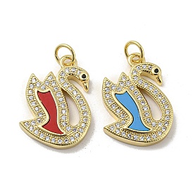 Brass Micro Pave Cubic Zirconia Pendants, with Synthetic Turquoise, Swan