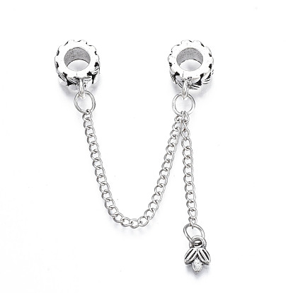 Rack Plating Alloy European Dangle Charms, with Chain, Large Hole Beads, Cadmium Free & Lead Free, Double Flat Round with Leaf