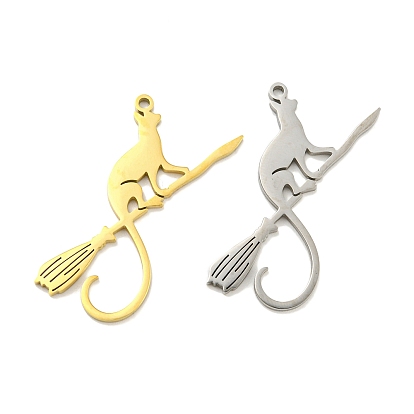 304 Stainless Steel Pendants, Laser Cut, Cat with Broom Charm