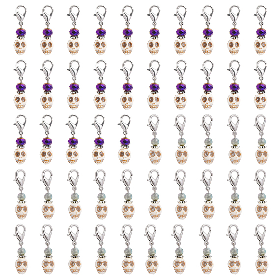 50 шт 2 стиль Хэллоуин синтетический магнезит череп подвески украшения, с акриловыми/гальваническими прозрачными стеклянными бусинами, подвески с застежкой-лобстером, для брелка, кошелек