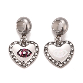 304 Stainless Steel Crystal Rhinestone European Dangle Charms, Large Hole Pendants, with Enamel & Fluorescence Slice, Stainless Steel Color, Heart with Horse Eye