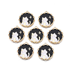 Alloy Enamel Pendants, with Crystal Rhinestone, Cadmium Free & Nickel Free & Lead Free, Light Gold, Flat Round with Cat & Star