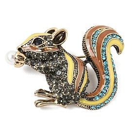 Squirrel Alloy Rhinestone Lapel Pin Brooches, Enamel Clothing Accessory, Antique Golden